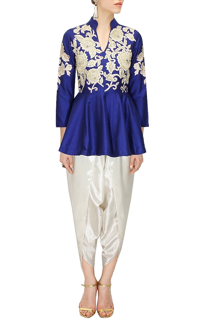 Blue dabka embroidered peplum kurta with dhoti pants available only at Pernia's Pop-Up Shop.