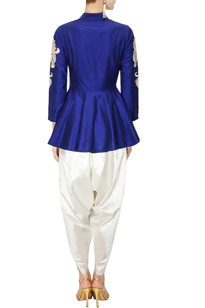 Blue dabka embroidered peplum kurta with dhoti pants available only at Pernia's Pop-Up Shop.