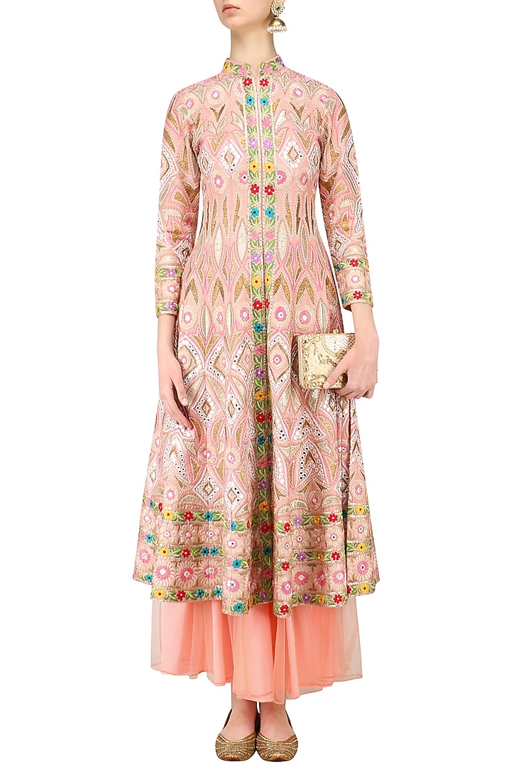 Pink embroidered jacket and lehenga skirt set available only at Pernia's Pop Up Shop.