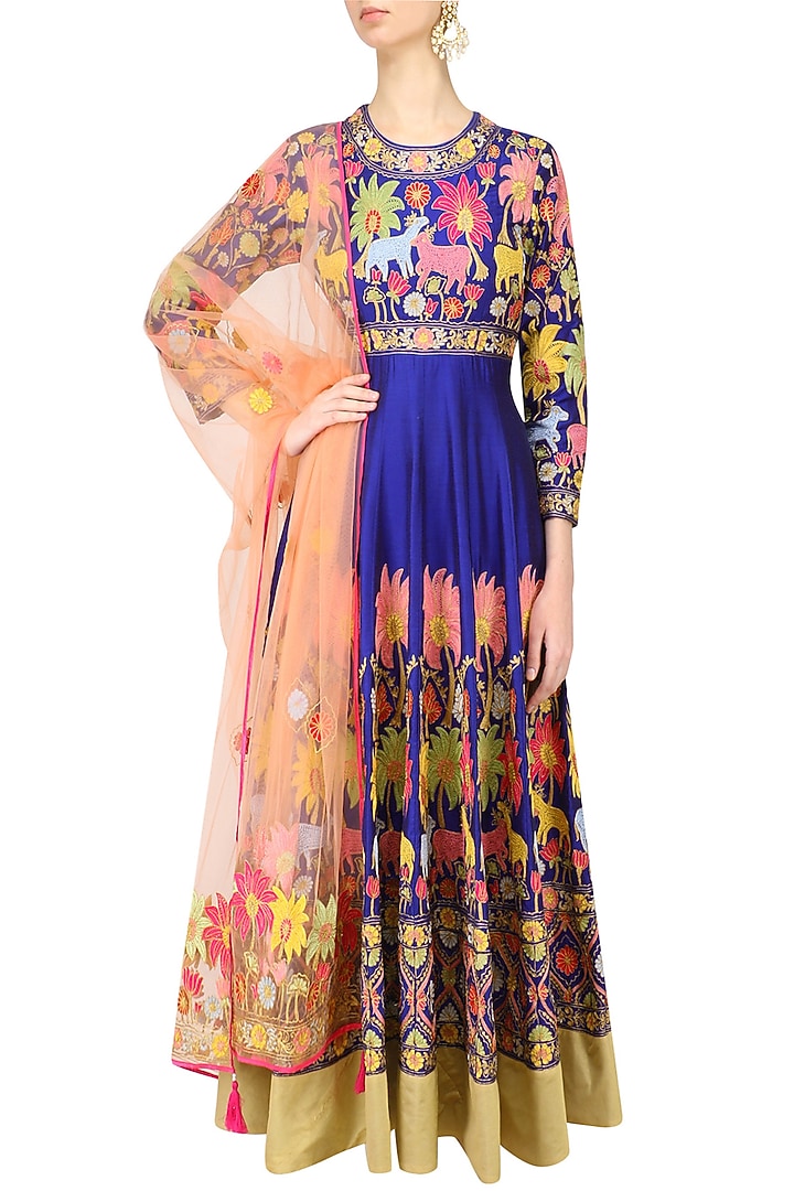 Blue embroidered anarkali with dupatta available only at Pernia's Pop Up Shop.