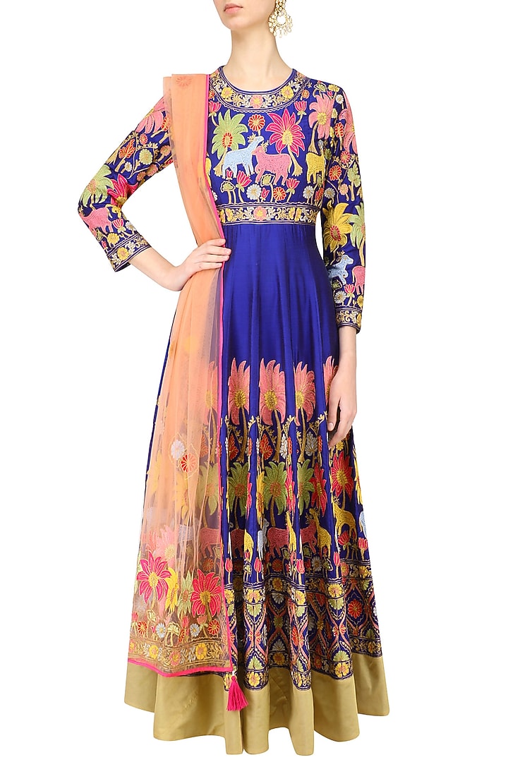 Blue embroidered anarkali with dupatta available only at Pernia's Pop Up Shop.