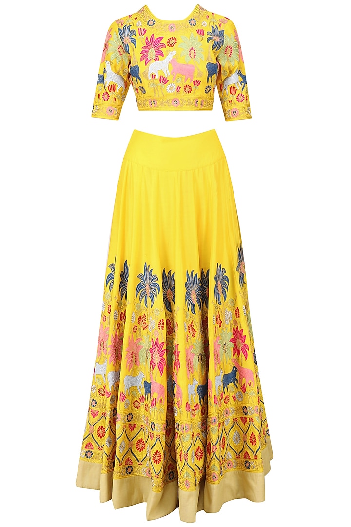 Yellow aari work lehenga set available only at Pernia's Pop Up Shop.