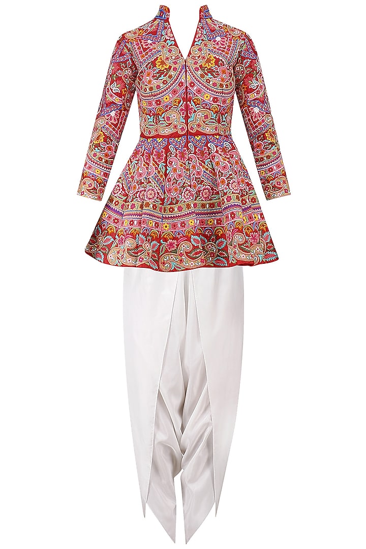 Red thread work peplum top with white dhoti pants available only at Pernia's Pop Up Shop.