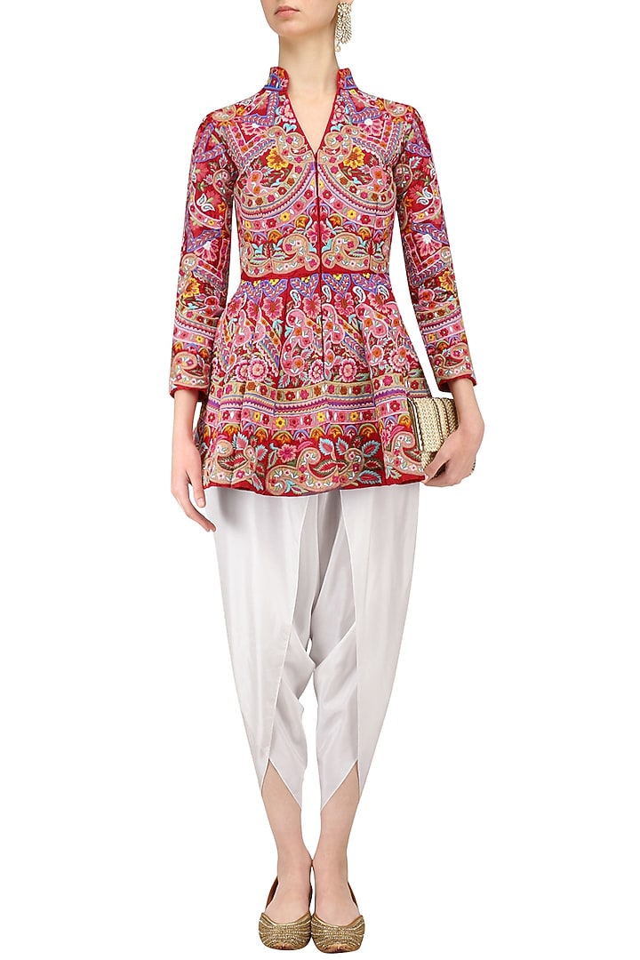 Red thread work peplum top with white dhoti pants available only at Pernia's Pop Up Shop.