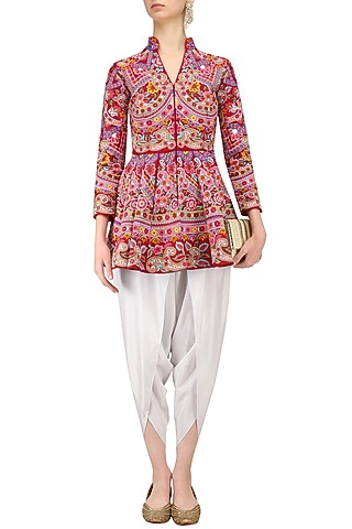 Red Thread Work Peplum Top with White Dhoti Pants by Sonali Gupta