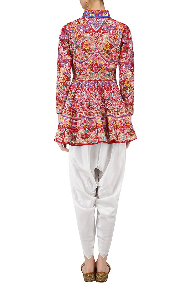 Red thread work peplum top with white dhoti pants available only at Pernia's Pop Up Shop.
