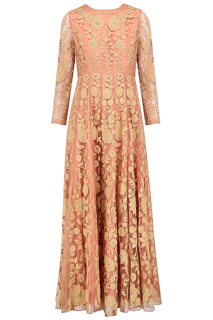 Peach and Gold Floral Embroidered Anarkali by Sonali Gupta
