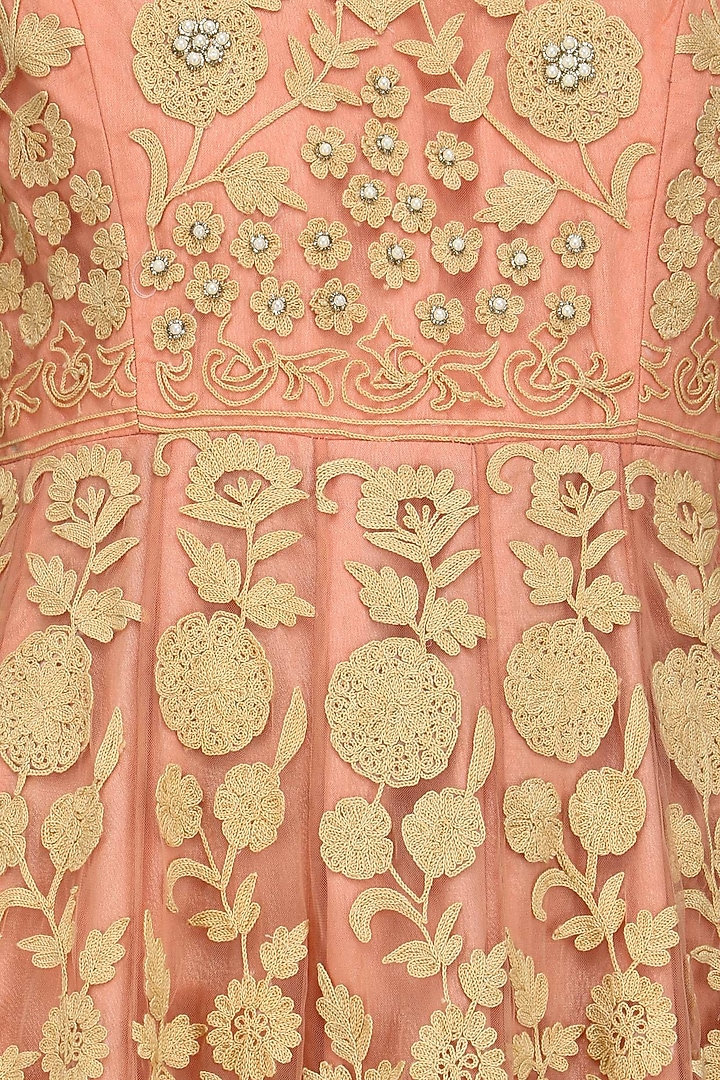 Peach and gold floral embroidered anarkali available only at Pernia's Pop Up Shop.