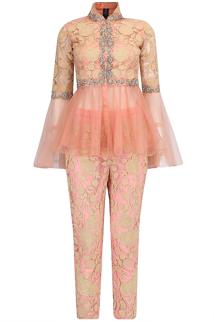 Peach Floral Embroidered Peplum Jacket and Pants Set by Sonali Gupta