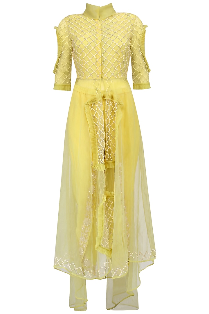 Yellow Floral Embroidered Tunic and Jacket Set by Sonali Gupta