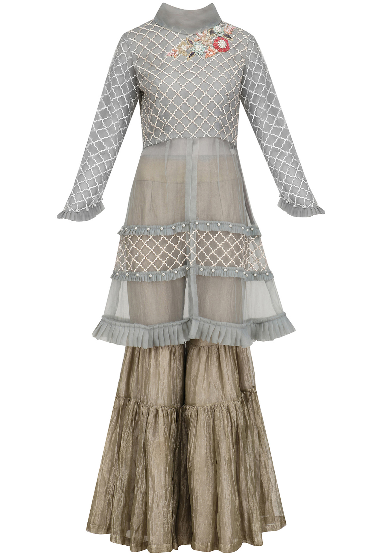 Blue jaal and floral applique work tunic available only at Pernia's Pop Up Shop.