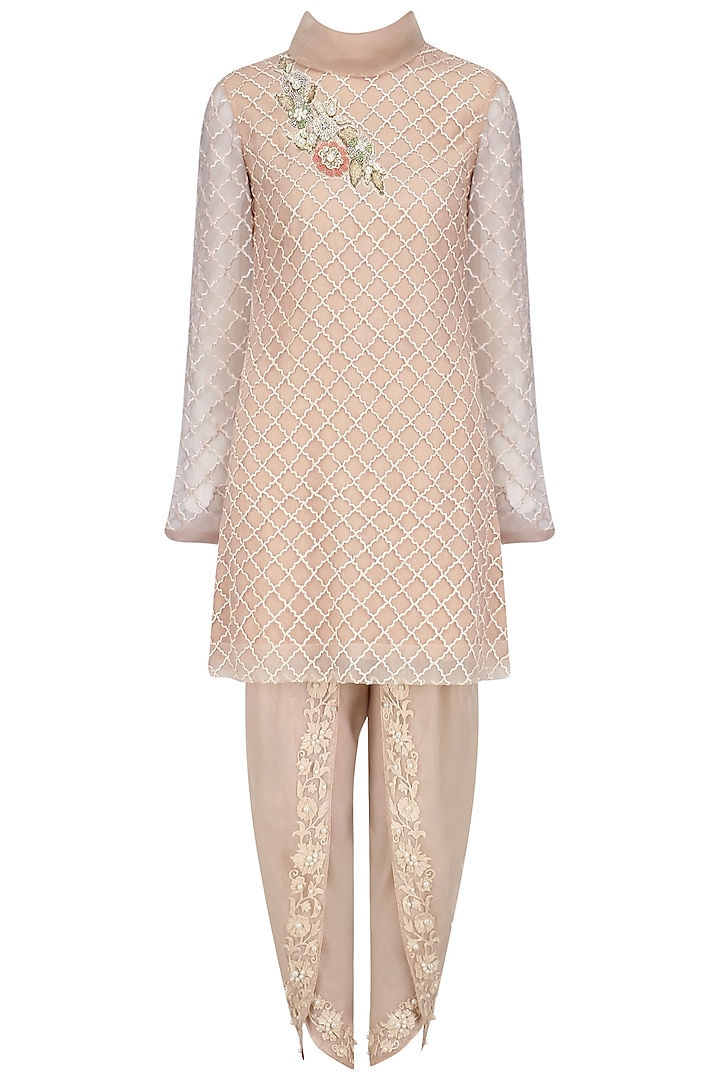 Beige Jaal Embroidered High Neck Tunic by Sonali Gupta