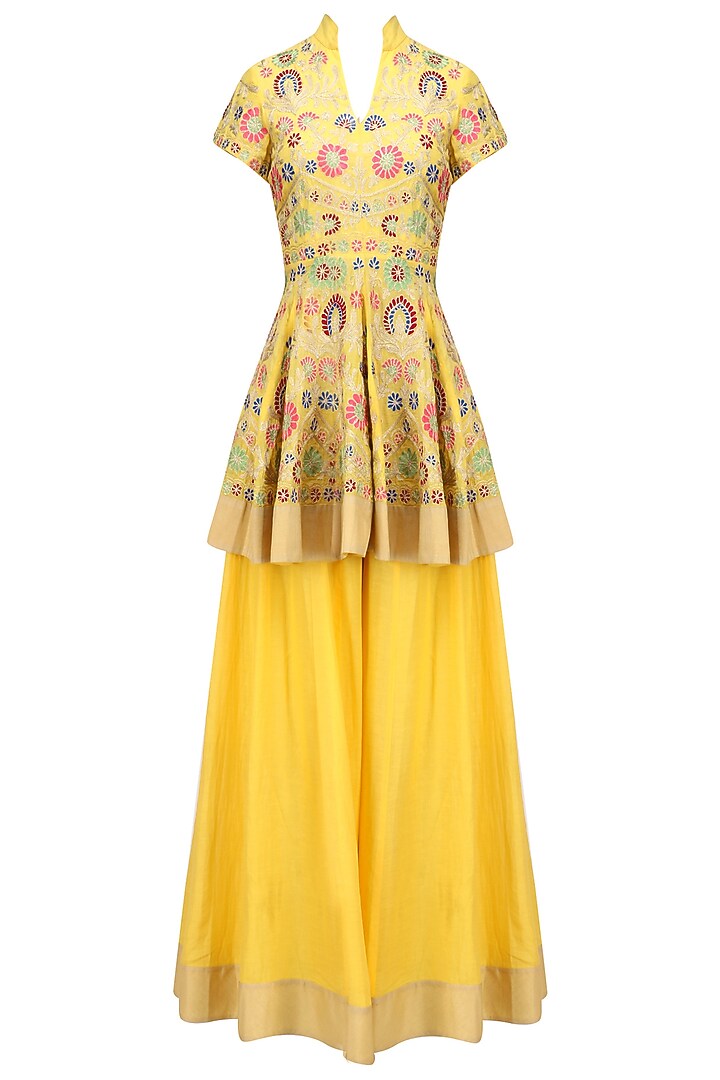 Yellow aari work kurta sharara sets available only at Pernia's Pop Up Shop.