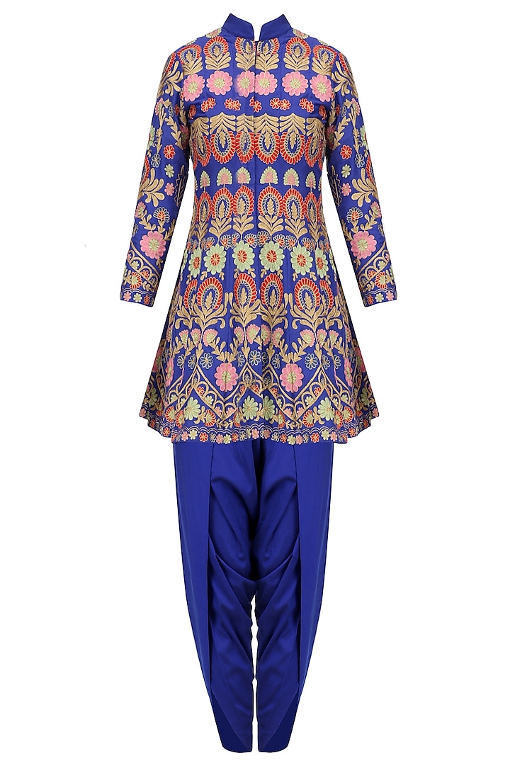 Royal Blue Aari Work Kurta with Matching Dhoti Pants by Sonali Gupta