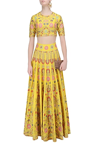 Yellow Aari Work Lehenga Set by Sonali Gupta