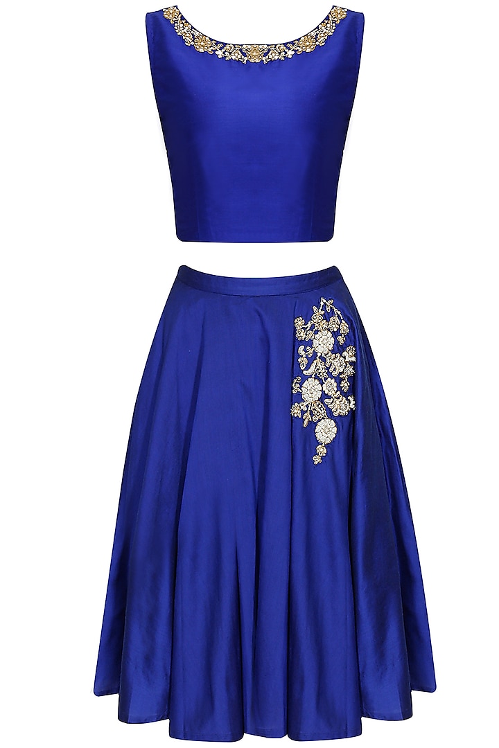 Blue dabka embroidered crop top and skirt by Sonali gupta