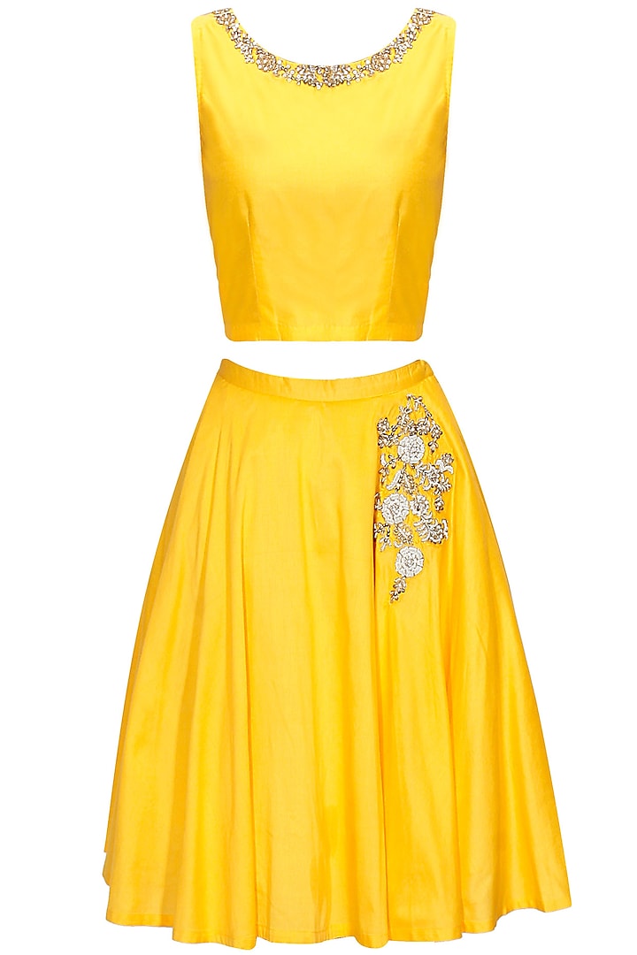 Yellow dabka embroidered crop top and skirt by Sonali gupta