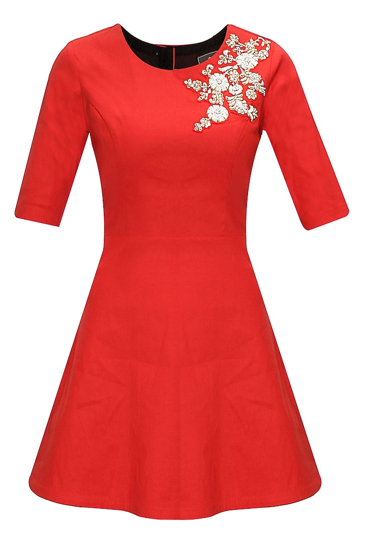 Red dabka embroidered dress available only at Pernia's Pop-Up Shop.