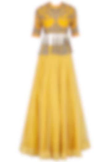 Yellow floral embroidered blouse and lehenga set available only at Pernia's Pop Up Shop.