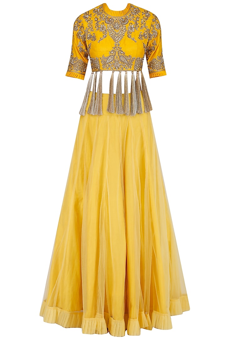 Yellow Floral Embroidered Blouse and Lehenga Set by Sonali Gupta