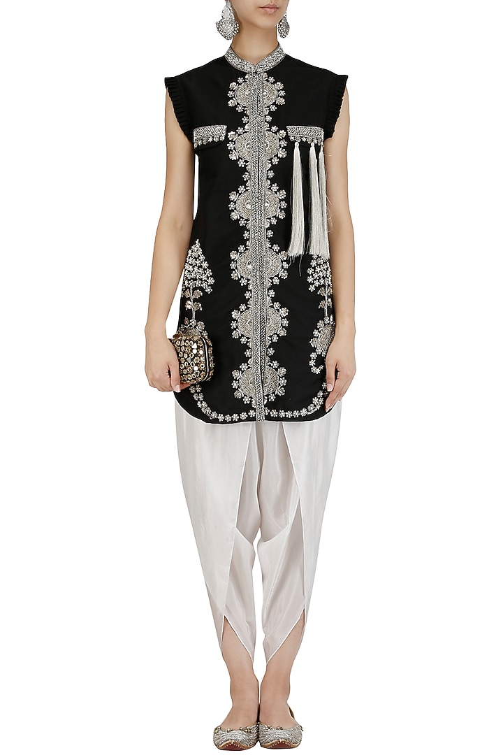 Black floral embroidered jacket and dhoti pants set available only at Pernia's Pop Up Shop.