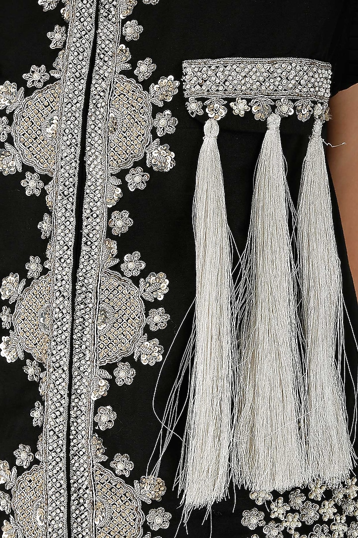 Black floral embroidered jacket and dhoti pants set available only at Pernia's Pop Up Shop.