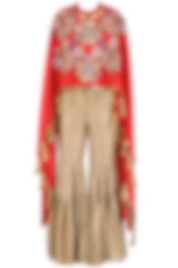 Red Floral Embroidered Kaftan and Sharara Pants Set by Sonali Gupta
