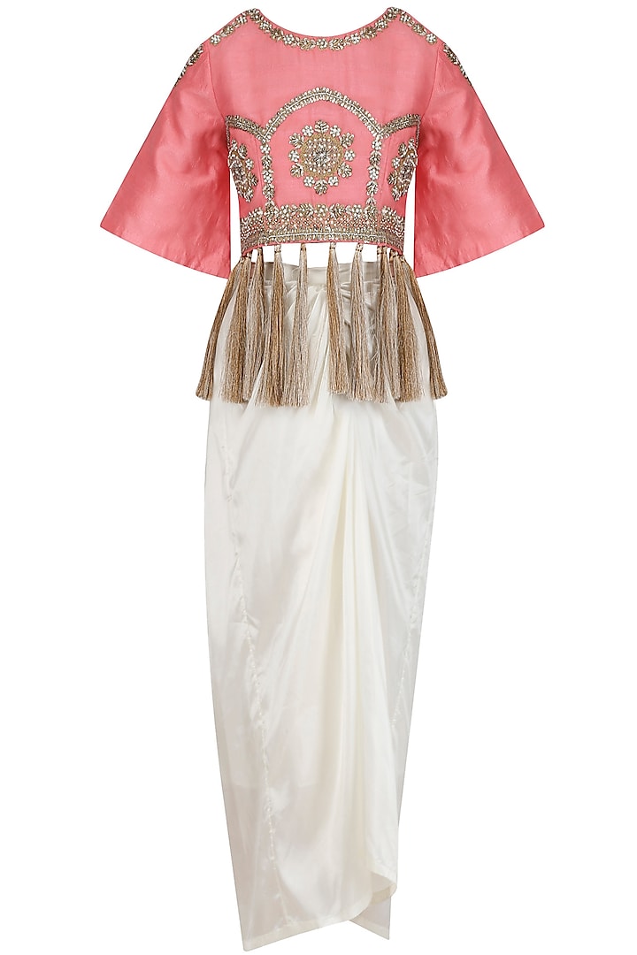 Pink Floral Embroidered Blouse and White Skirt Set by Sonali Gupta