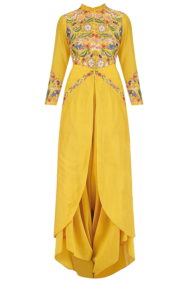Yellow Floral Embroidered Tunic and Dhoti Pants Set by Sonali Gupta
