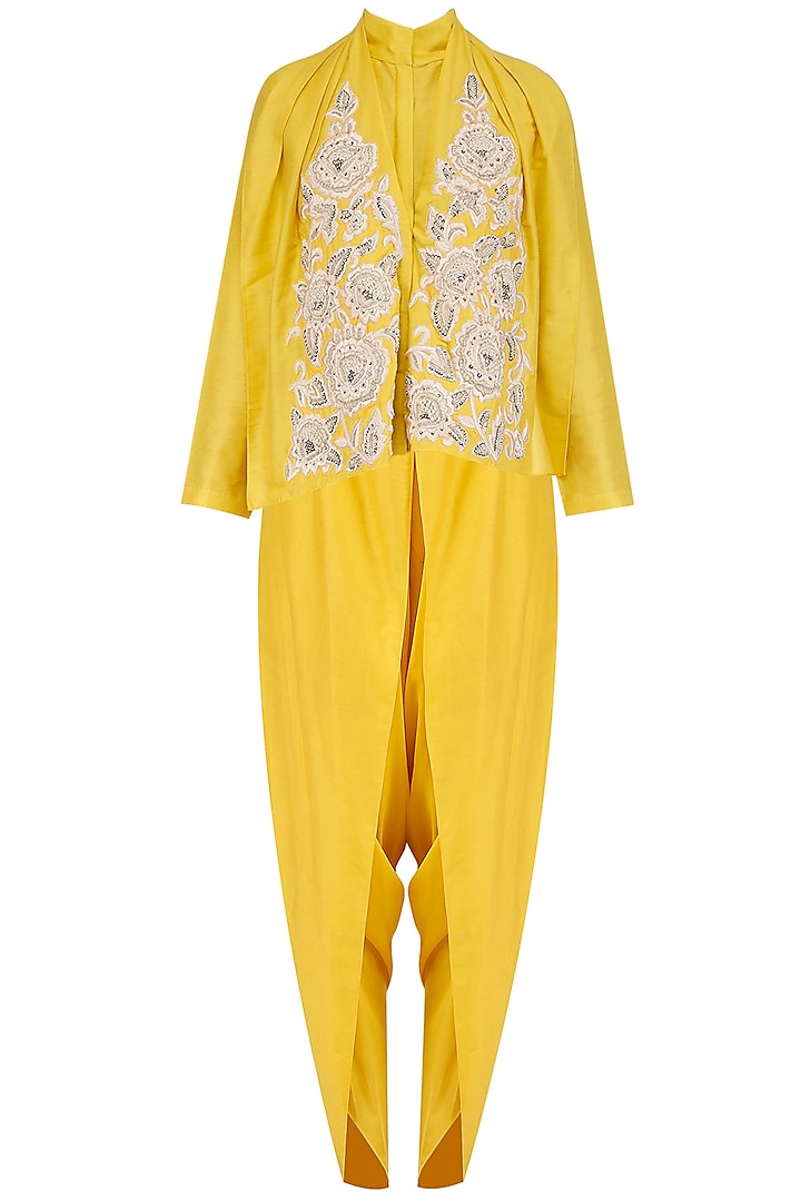 Yellow Floral Embroidered Shirt and Dhoti Pants Set by Sonali Gupta