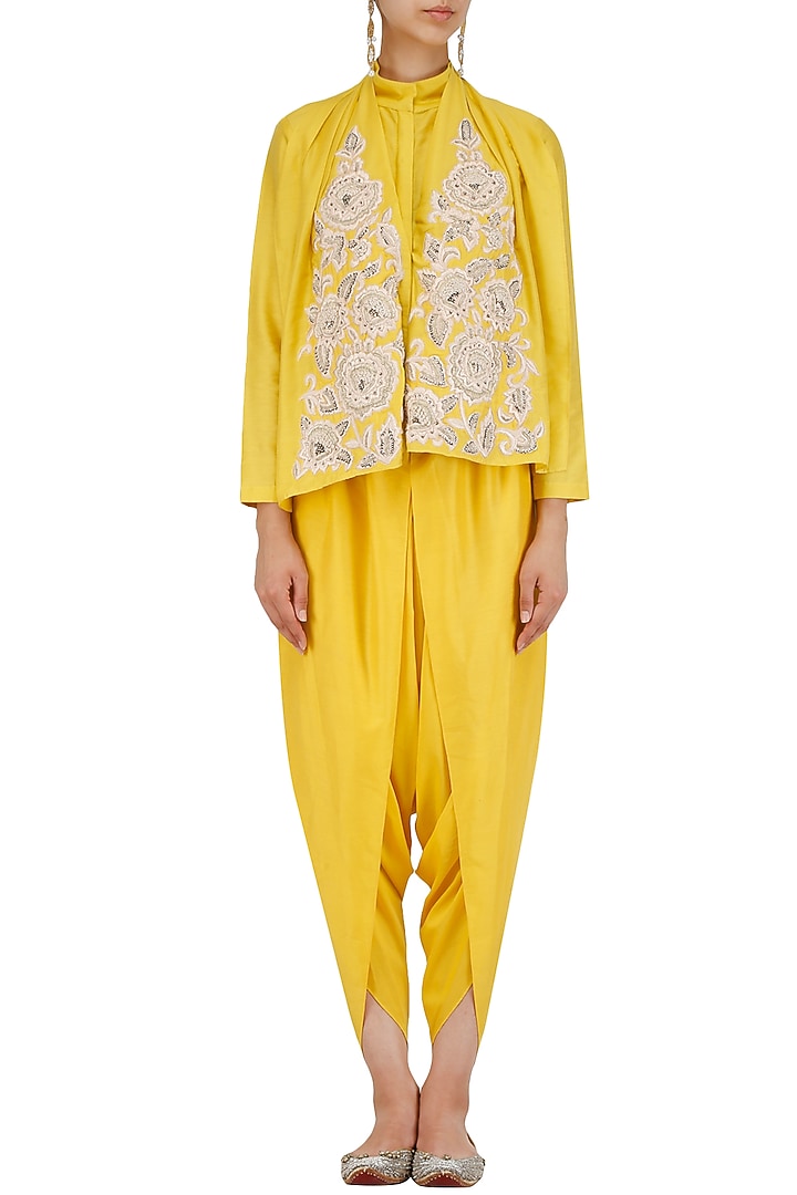 Yellow floral embroidered shirt and dhoti pants set available only at Pernia's Pop Up Shop.