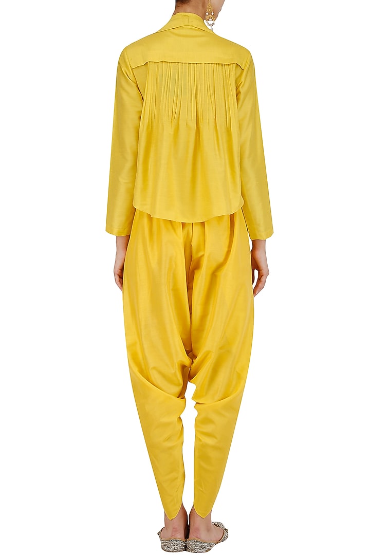 Yellow floral embroidered shirt and dhoti pants set available only at Pernia's Pop Up Shop.