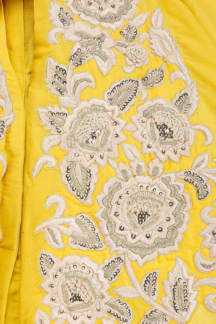 Yellow floral embroidered shirt and dhoti pants set available only at Pernia's Pop Up Shop.