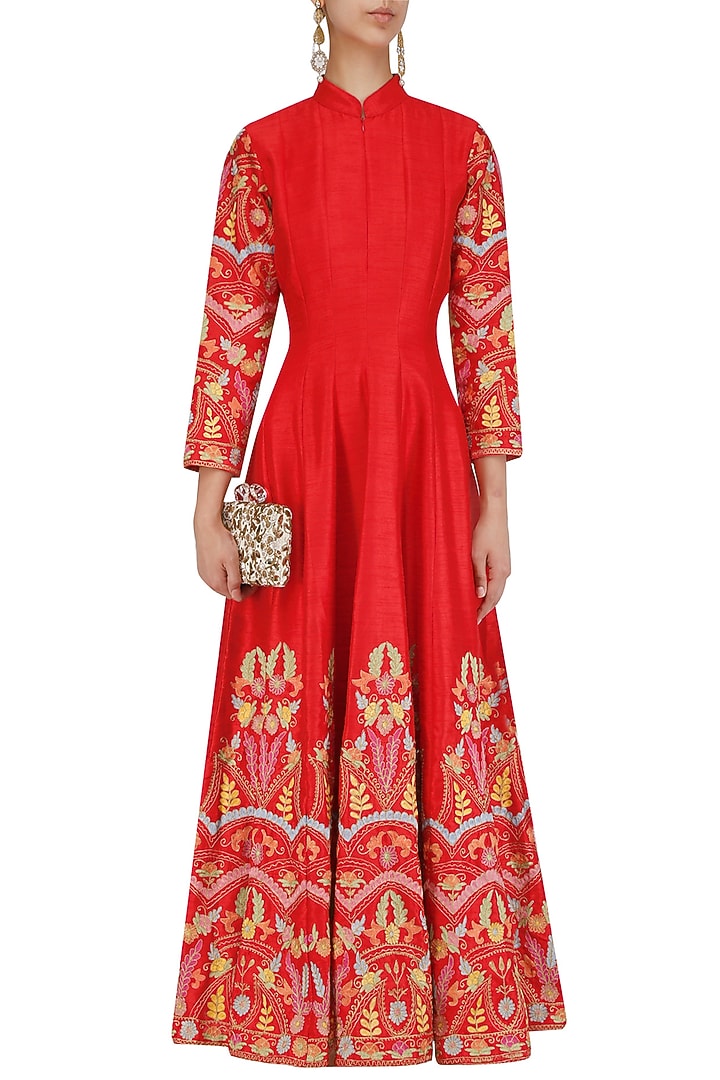 Red floral embroidered anarkali kurta available only at Pernia's Pop Up Shop.