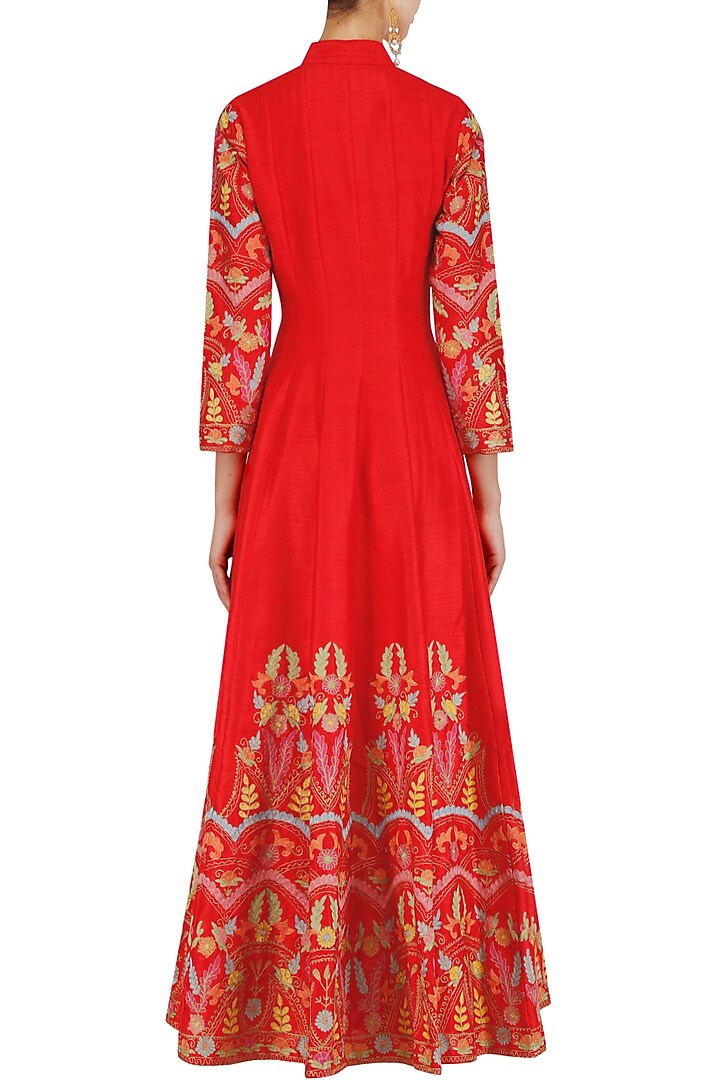 Red floral embroidered anarkali kurta available only at Pernia's Pop Up Shop.