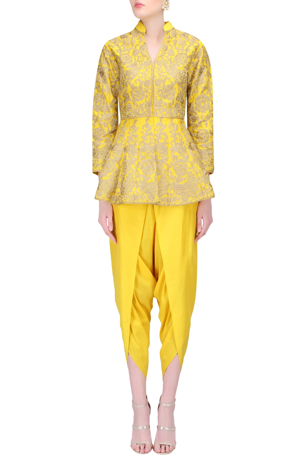 Yellow zari work peplum short kurta 