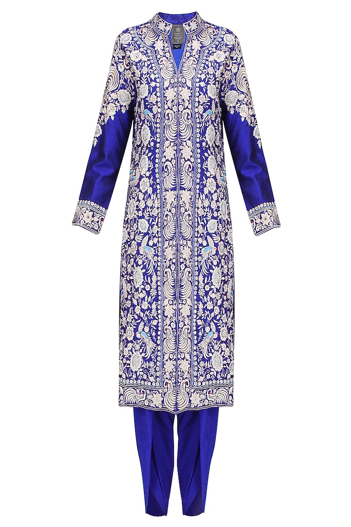 Royal blue thread embroidered jacket kurta with matching dhothi pants available only at Pernia's Pop Up Shop.