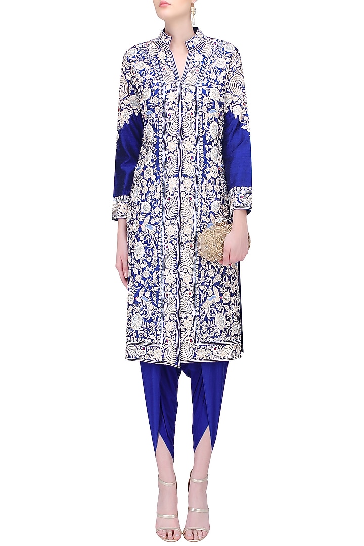 Royal blue thread embroidered jacket kurta with matching dhothi pants available only at Pernia's Pop Up Shop.