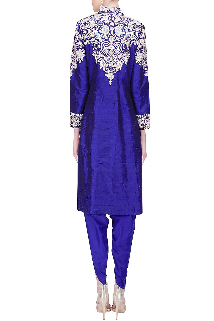Royal blue thread embroidered jacket kurta with matching dhothi pants available only at Pernia's Pop Up Shop.