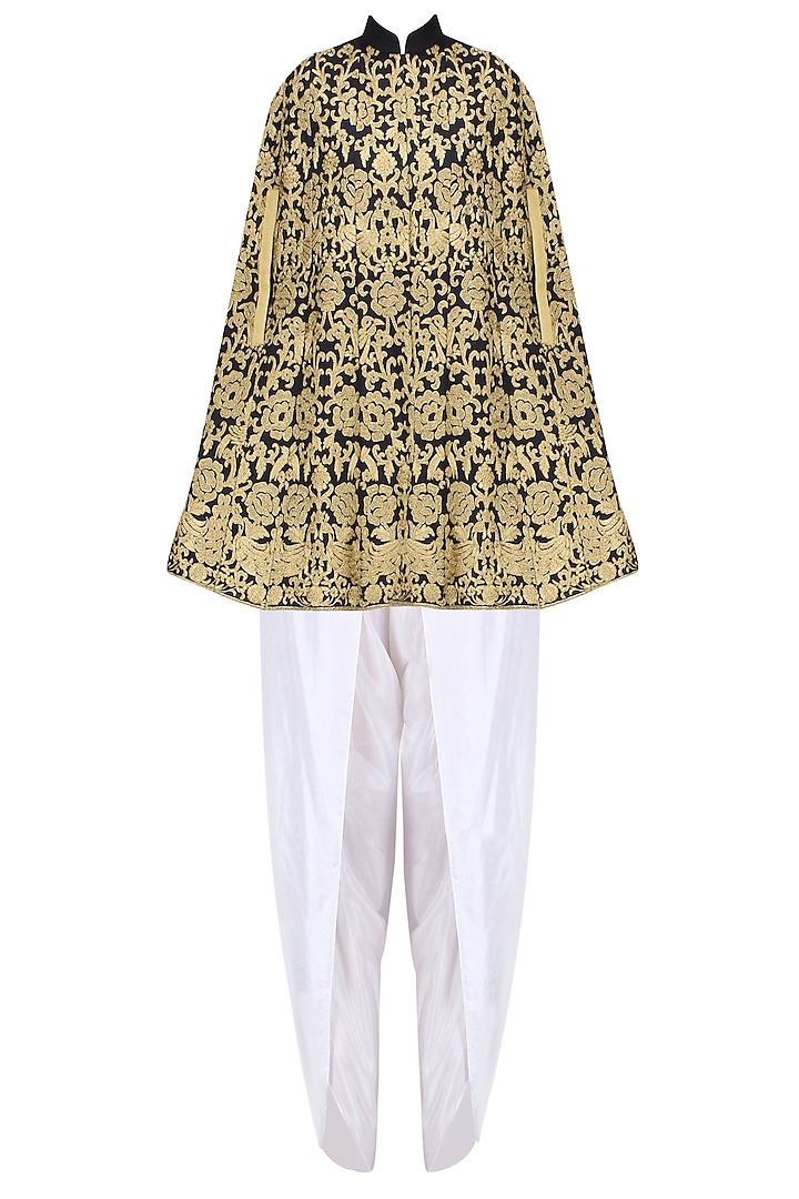 Black Zari Embroidered Kaftan with White Dhoti Pants by Sonali Gupta