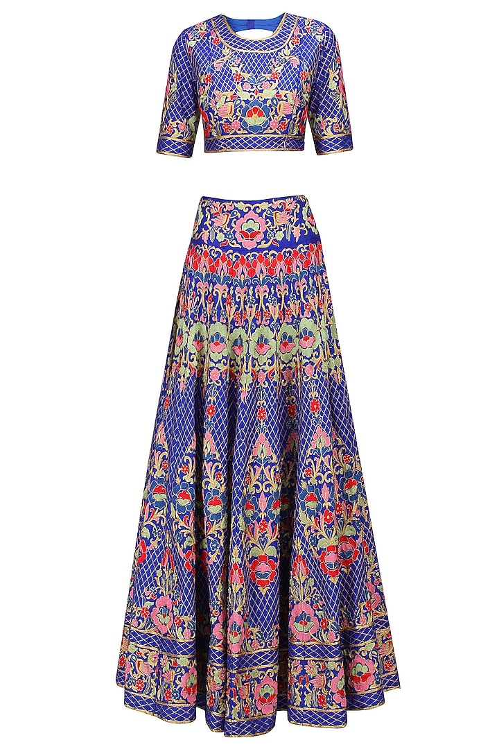 Royal blue floral embroidered jaal work lehenga set available only at Pernia's Pop Up Shop.