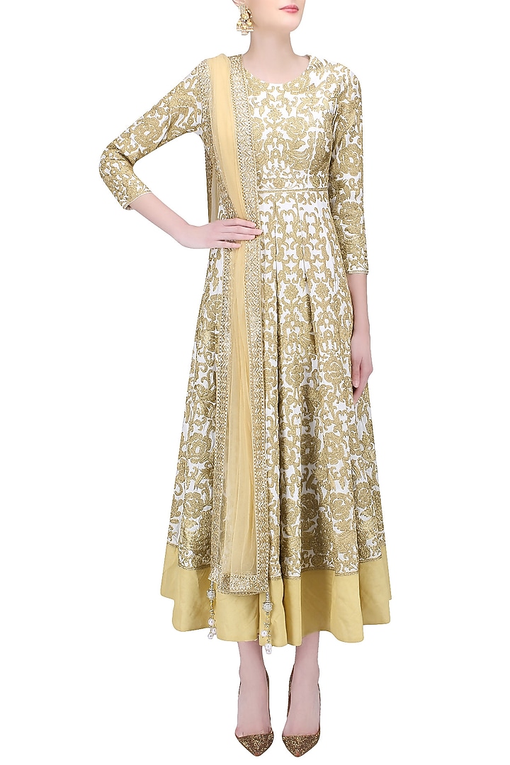 White and gold zari work anarkali with beige dupatta available only at Pernia's Pop Up Shop.
