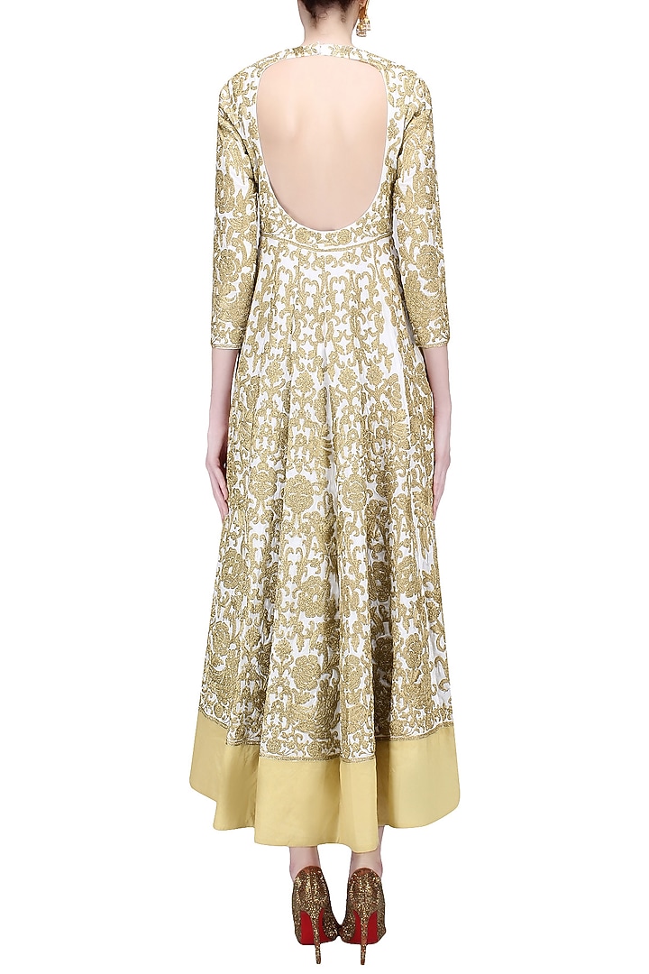 White and gold zari work anarkali with beige dupatta available only at Pernia's Pop Up Shop.