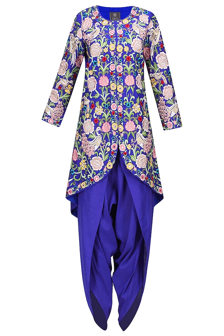 Blue Thread Work Aysmmetric Jacket Kurta with Dhoti Pants by Sonali Gupta