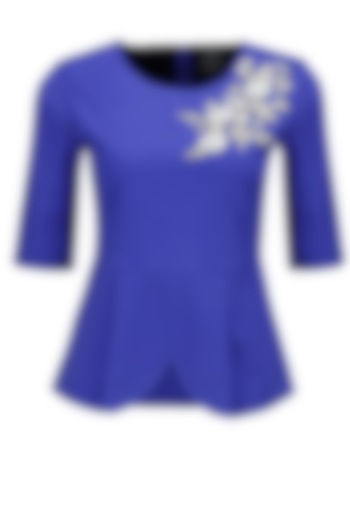 Blue dabka embroidered peplum top available only at Pernia's Pop-Up Shop.