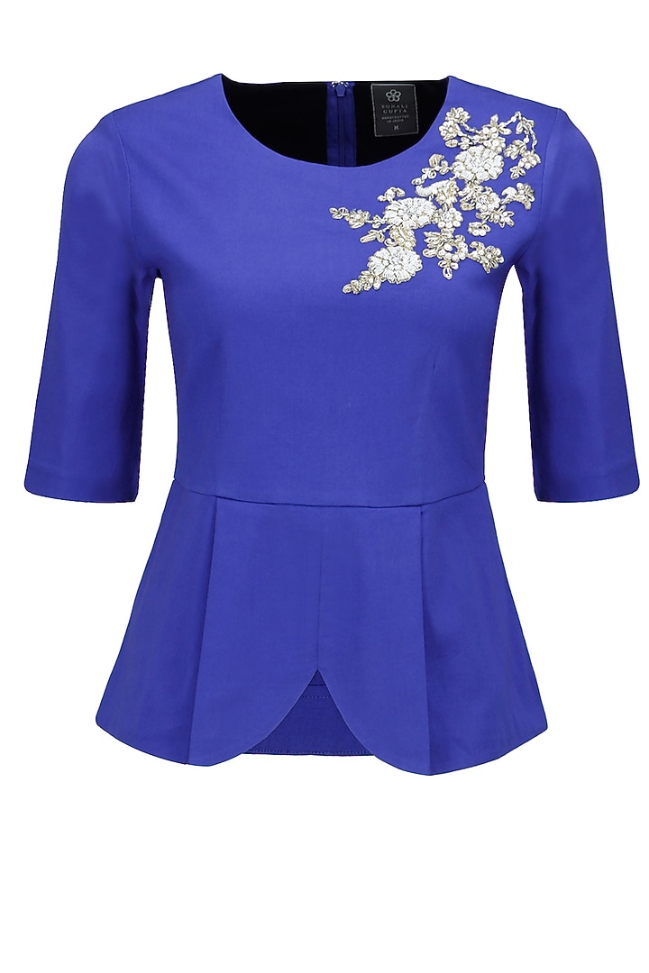 Blue dabka embroidered peplum top available only at Pernia's Pop-Up Shop.
