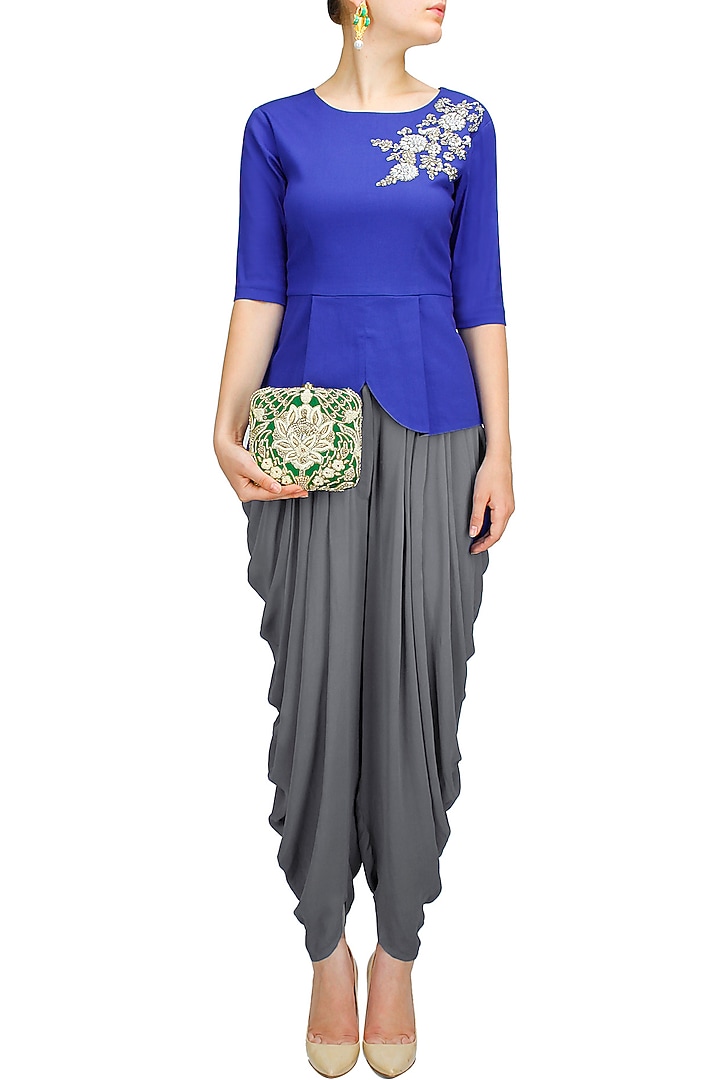 Blue dabka embroidered peplum top available only at Pernia's Pop-Up Shop.