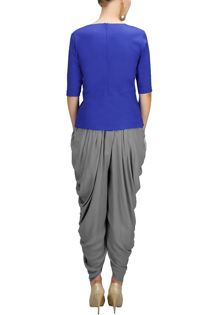 Blue dabka embroidered peplum top available only at Pernia's Pop-Up Shop.