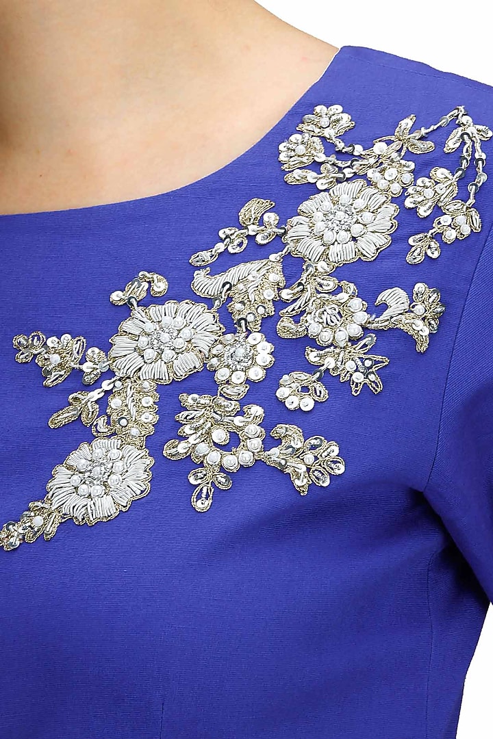 Blue dabka embroidered peplum top available only at Pernia's Pop-Up Shop.