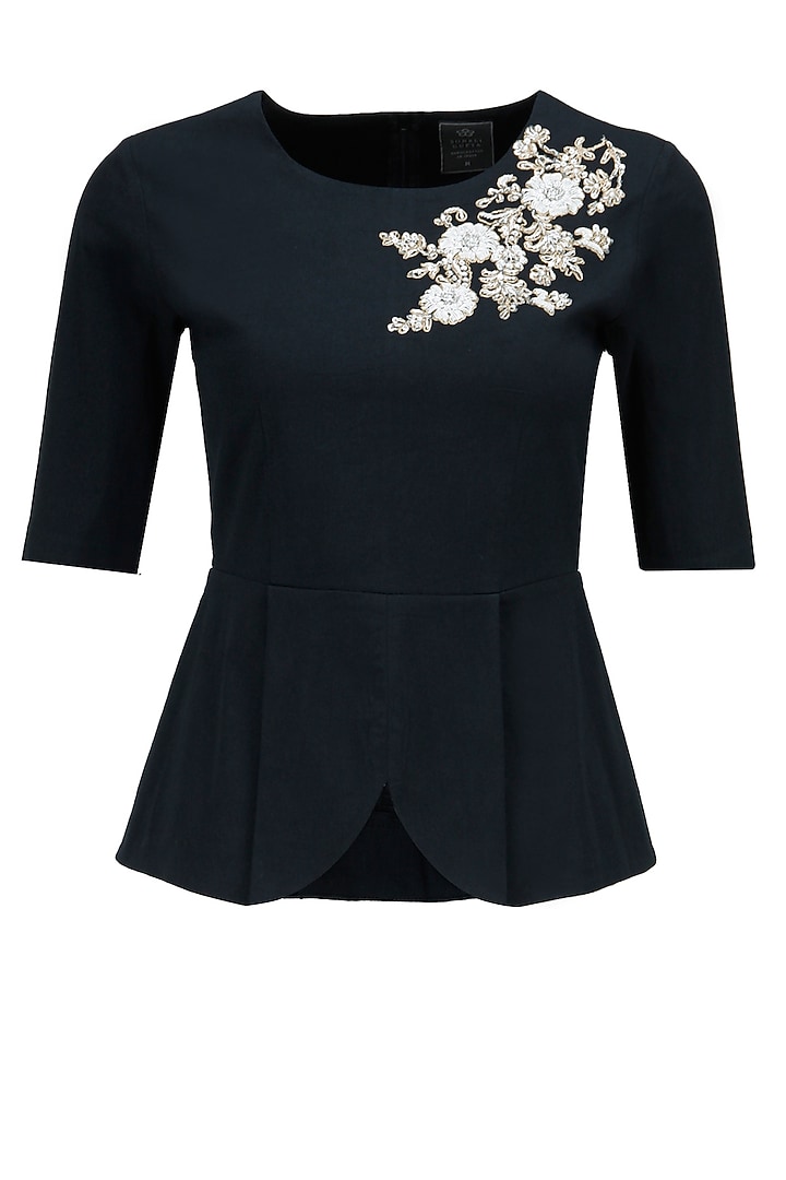 Black dabka embroidered peplum top available only at Pernia's Pop-Up Shop.